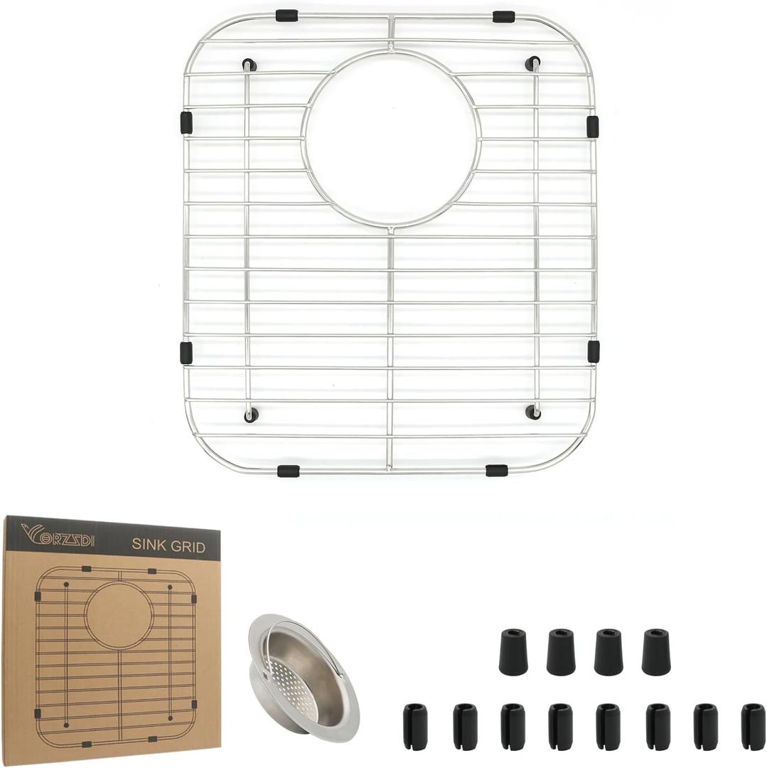 Kitchen Sink Grid 11-3/4" x 12-1/4"- Heavy Duty Kitchen Sink Protector with Built-in Strainer & Rear Drain, Non-Slip Rubber Feet & Scratch Resistant Bottom Guard