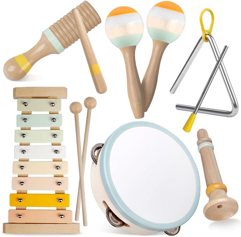 Baby Musical Instruments-Montessori Wooden Toys for Toddlers 1-3, Neutral Colors Percussion Instruments Set with Modern Boho Xylophone for Kids Preschool Educational 3+