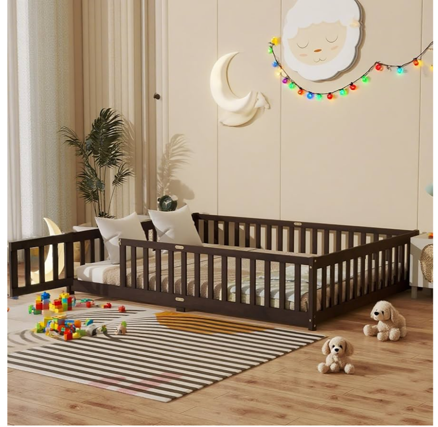 Queen Size Floor Bed Frame with Slats and Safety Guardrail, Wood Queen Size Montessori Floor Bed with Door and Fence, Easy Assemble Montessori Beds for Kids, Girls, Boys, Espresso