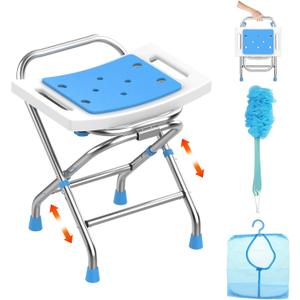 Height Adjustable Folding Shower Chair Seat, Stainless Steel Shower Chair for Inside Shower w/Crossbar, 420LB Portable Travel Shower Stool, Safety Anti-Slip Bath Chair for Seniors, White