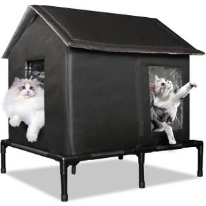 Outdoor Cat House for Feral Cats, Extra Large Insulated Stray Cat Shelter, Weatherproof Elevated Outside Cat and Dog House, Waterproof Cat Tent Pet House for Winter and Summer