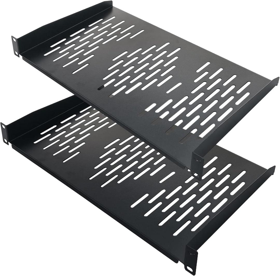 RIVECO 2PCS 1U Rack Shelves, 19 Cabinet Mount 1 U Tray Vented Cantilevers for Computer Case Shelf Mounting, 10 Inches 25CM Depth, Black