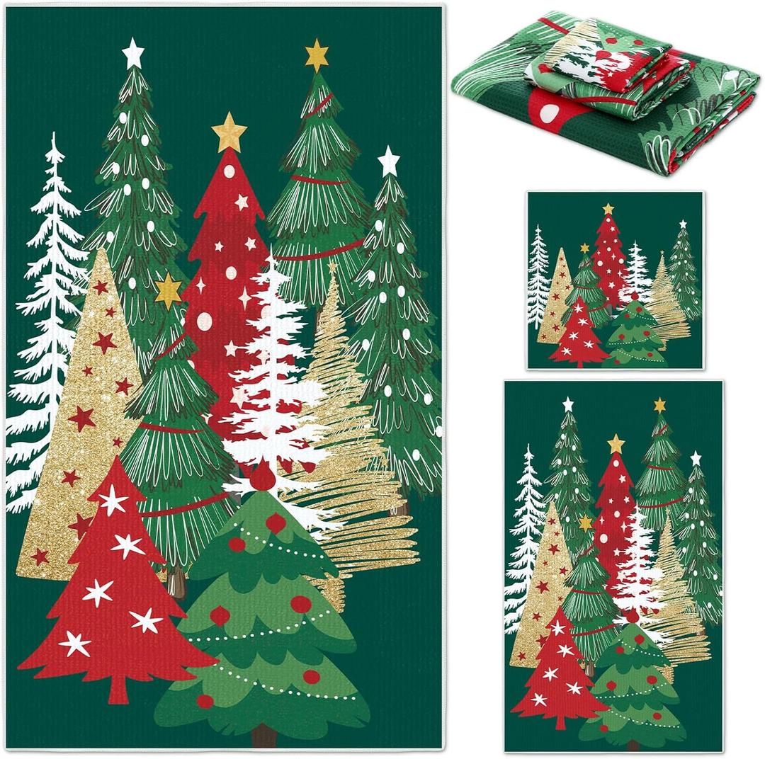 Preboun 3 Pack Christmas Hand Towels Set - Green Xmas Trees Washcloth for Bathroom, Kitchen, Hotel, Beach, Gym, Spa (Colorful)