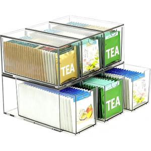 6 Pack Stackable Tea Bag Organizer Drawers Clear Acrylic Tea Bag Holder for Cabinet, Drawer, Pantry, Countertop Kitchen Tea Storage Container