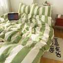 3 Pieces Striped Duvet Cover Set Queen, 100% Washed Microfiber Sage Green and White Stripes Pattern Printed Comforter Cover, Farmhouse Striped Bedding Set Soft Breathable Duvet Cover Queen Size