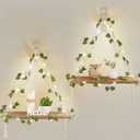 Mkono Artificial Ivy Macrame Hanging Shelves with Lights Set of 2 Boho Wall Decor Display Plants Photos Wood Floating Storage Shelf for Bedroom Bathroom Living Room Nursery Dorm Kitchen, White (Ivory)