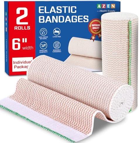 AZEN Premium 2 Pack Elastic Bandage Wrap 6 Inch, Compression Wrap Bandage for Legs, Ankle, Knee, Tummy, Body, Latex-Free, Lymphedema Wraps for Legs, Size: 6''