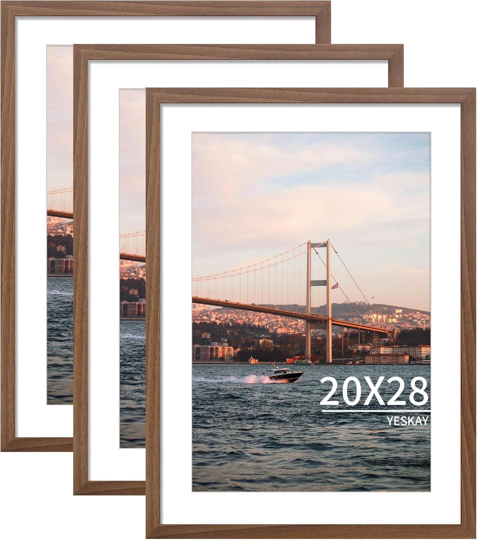 20x28 Picture Frame Brown Set of 3, Display Pictures 16x24 with Mat or 20 x 28 Without Mat, Poster Frames 20x28 for Wall Hanging Horizontal and Vertical