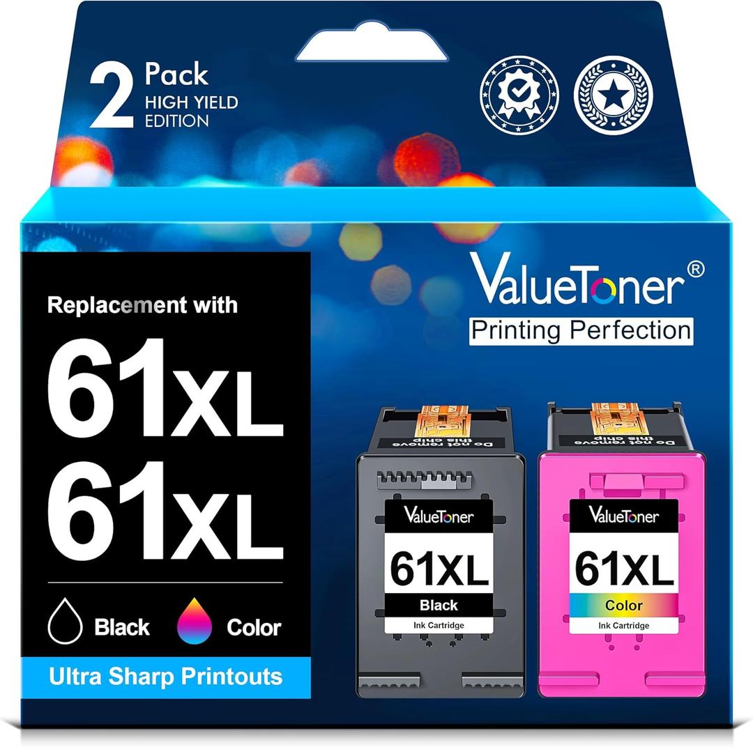 Valuetoner 61XL Ink Cartridges Replacement for HP 61 Ink Cartridge Combo Pack 61XL Works with HP Envy 4500 4502 5530 Deskjet 2540 3510 OfficeJet 4630 Printer (1 Black, 1 Tri-Color, 2-Pack)