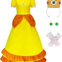 Princess Daisy Costume Adults Peach Costume Rosalina Dress Party Gown Ball Dress Crown Earrings for Women (X-Small, Yellow)