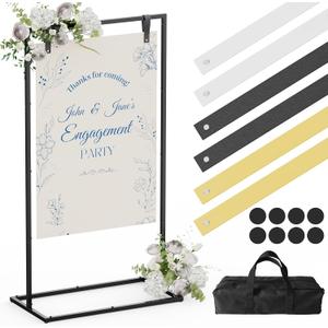 Wedding Sign Stand, Adjustable Wedding Welcome Sign Stand with Carry Bag, Leather Hanging Straps, 8 Floor Pads - Black Easel Stand for Seating Charts & Wedding Decor