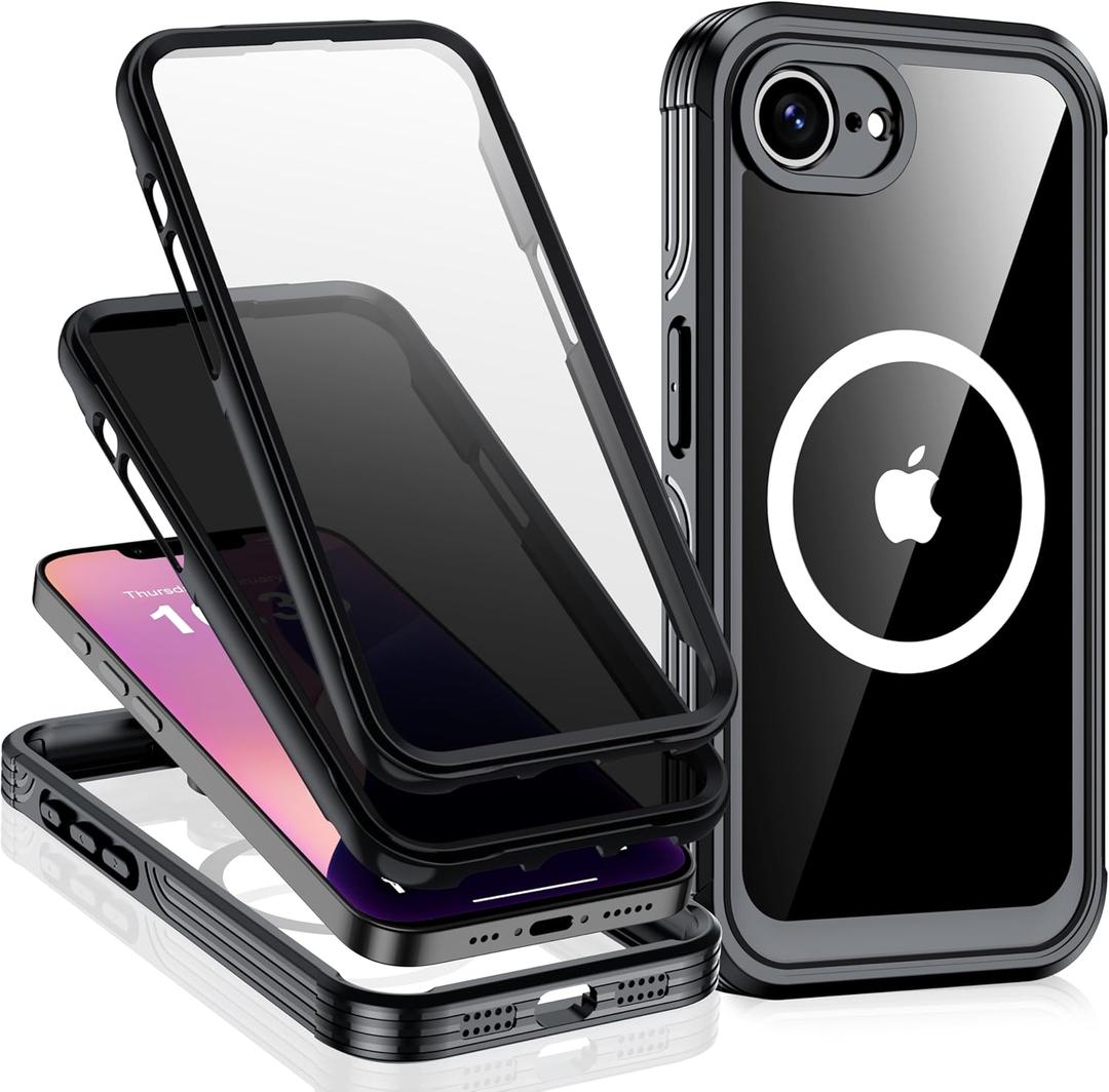for iPhone 17E/16E Case,Built-in 9H Tempered Glass Screen Protector + Privacy Screen Protector, [Military Grade Protection] Anti Spy Magnetic Back Phone Case for iPhone 17E/16E, Black