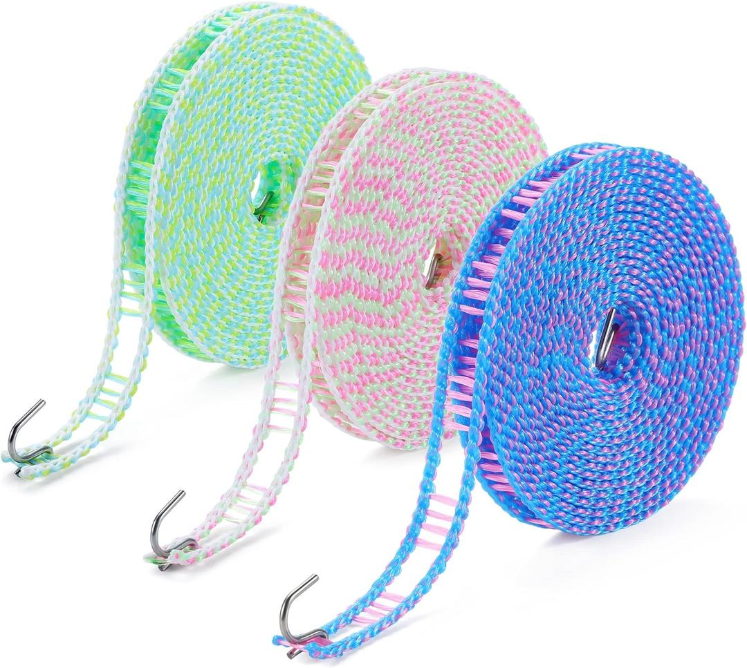 3-Pack Windproof Clothesline with Hooks  Super Strong and Durable, PE Material, 16ft  Ideal for Indoor/Outdoor Use & Travel