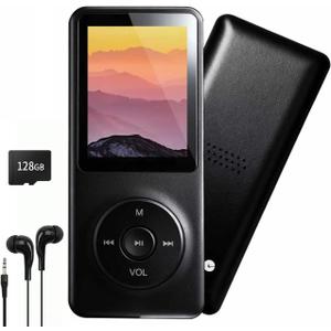 128GB MP3 Player with Bluetooth - Portable Music Player for Kids - with Built-in HD Speaker, Voice Recorder, HiFi Sound, E-Book (Included Earphones) (Black)
