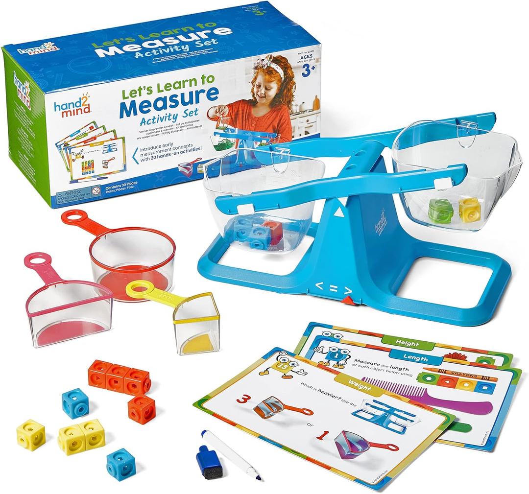 hand2mind Let's Learn to Measure Activity Set, Kids Measuring Cups, Bucket Balance, MathLink Cubes and Activity Cards Set, Teacher Supplies, Classroom Supplies, Preschool Learning, Toddler Learning