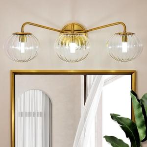 ANDY STAR Brushed Gold Vanity Lights, 3 Light Bathroom Light Fixtures with Clear Pumpkin-Ribbed Glass Globe Shade, Brass Vintage Striped Wall Lights, Up or Down, G9 Base (No Bulbs)