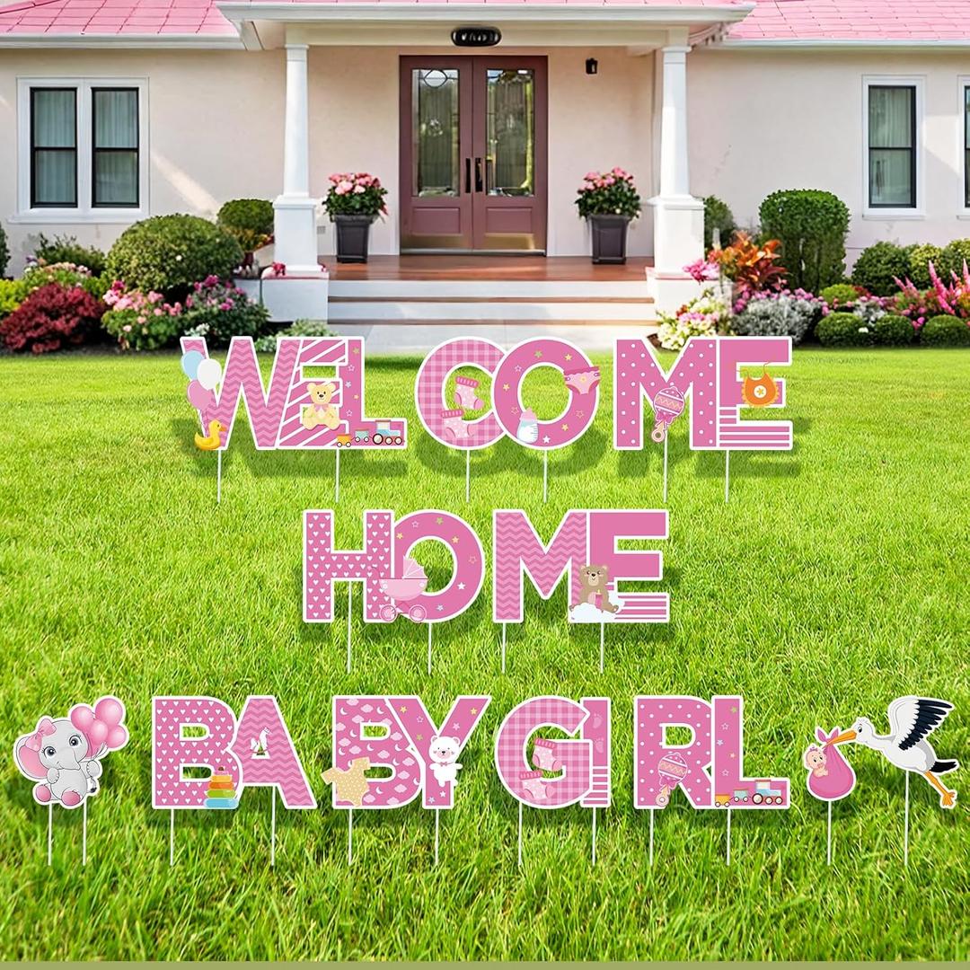 Welcome Home Baby Girl Decorations - Pink Welcome Baby Yard Sign with Stakes 10 Inch Tall Its A Girl Lawn Sign for Gender Reveal Newborn Announcement Outdoor Lawn Garden Yard Decor