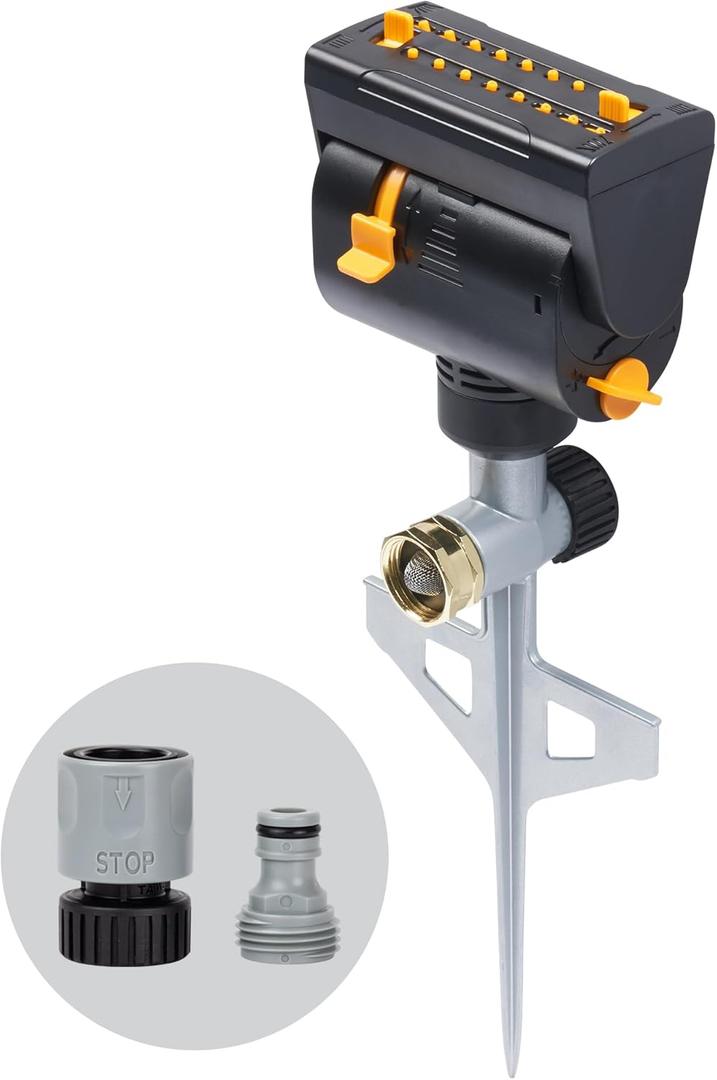 Melnor 65137AMZ MiniMax Turbo Oscillating Sprinkler on Step Spike, 4000 sq. ft., 4-Way Adjustable, Quick Connect Bundle, Yellow