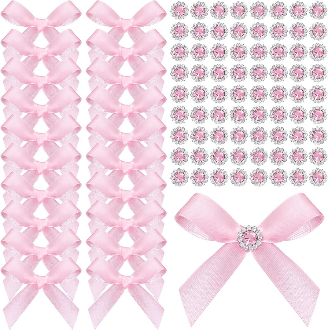Norme 100 Pcs Pink Gift Wrap Bows with Flower Crystal Rhinestones Satin Ribbon Twist Tie Bows for Wedding Valentine's Day Birthday Party Gift Wrapping Crafts Baby Shower Decor
