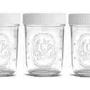 Regular Mouth Mason Jars 8 oz - (3 Pack) - Regular Mouth Half Pint 8-Ounces Mason Jars with White M.E.M Food Storage Plastic Lids - For Storage, Freezing - Leak Proof, Microwave & Dishwasher Safe