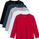5 Pack Boys Long Sleeve Shirts Kids Soft Crewneck Tee T-Shirt Basic Long Sleeve Top (9-10 Years, Color A-deep Blue, Light Gray, Red)