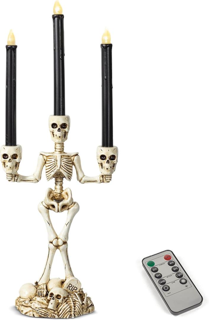 KI Store Skeleton Candelabra with Black LED Candles Set 20-Inch Gothic Decorations for Halloween Fireplace Mantel Table Centerpieces (White)