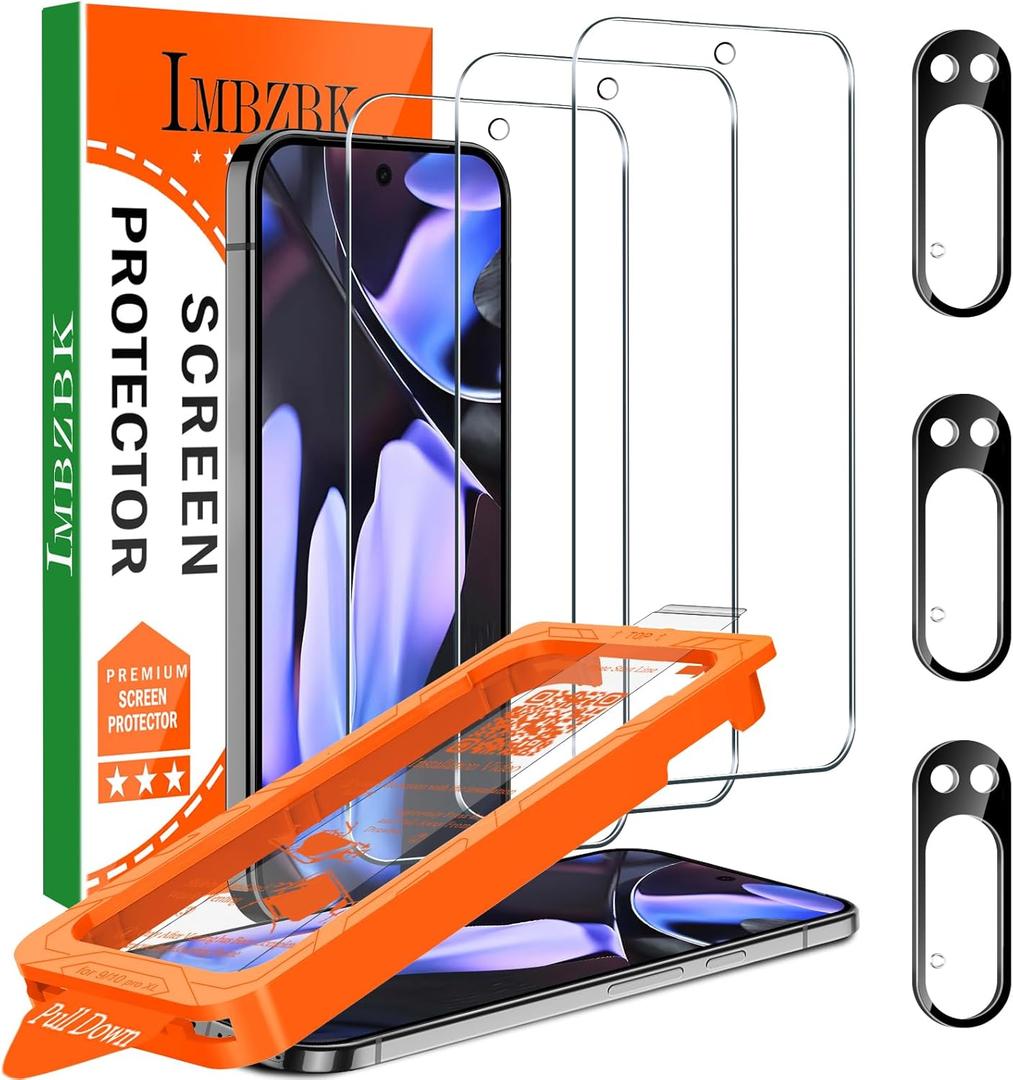 IMBZBK [Auto-Dust Removal] 3 Pack Screen Protector for Google Pixel 9 Pro XL [Phone Case Friendly], 3 Tempered Glass Camera Lens Protector Accessories, Military Grade Shatterproof