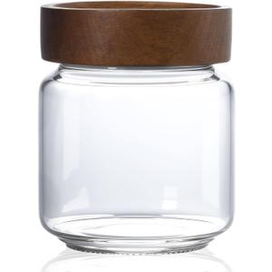13.5 fl oz/400 ml Glass Jar with Airtight Wooden Screw Top Lid, Clear Stackable Food Storage Canister, Small Cute Decorative Glass Container for Coffee, Candy, Cookie, Sugar, Oatmeal, Salt