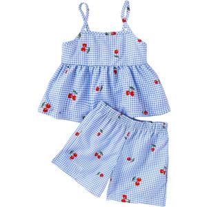 Toddler Girl's 2 Piece Cute Summer Outfits Plaid Cherry Camisole Top and Shorts Vacation Matching Set (4T, Light Blue)