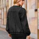 Glamaker Womens Denim Bomber Jacket Trendy Casual Zip Up Crew Neck Long Sleeve Loose Fit Jean Jacket Fall Outfits (Black, M)