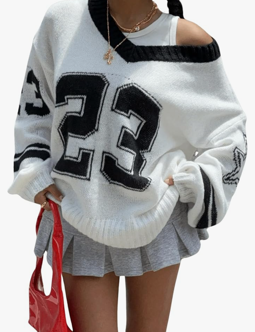 Women's Y2K Sweaters Letter Print Oversized Sweaters Long Sleeve V Neck Pullover Sweater Jumper Top Knit Jersey Shirt, Large
