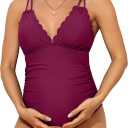 Charmo Scallop Trim Maternity Swimsuit One Piece V Neck Pregnancy Bathing Suit Ruched Swimwear Cutout Tie Back (X-Large, WineRed)