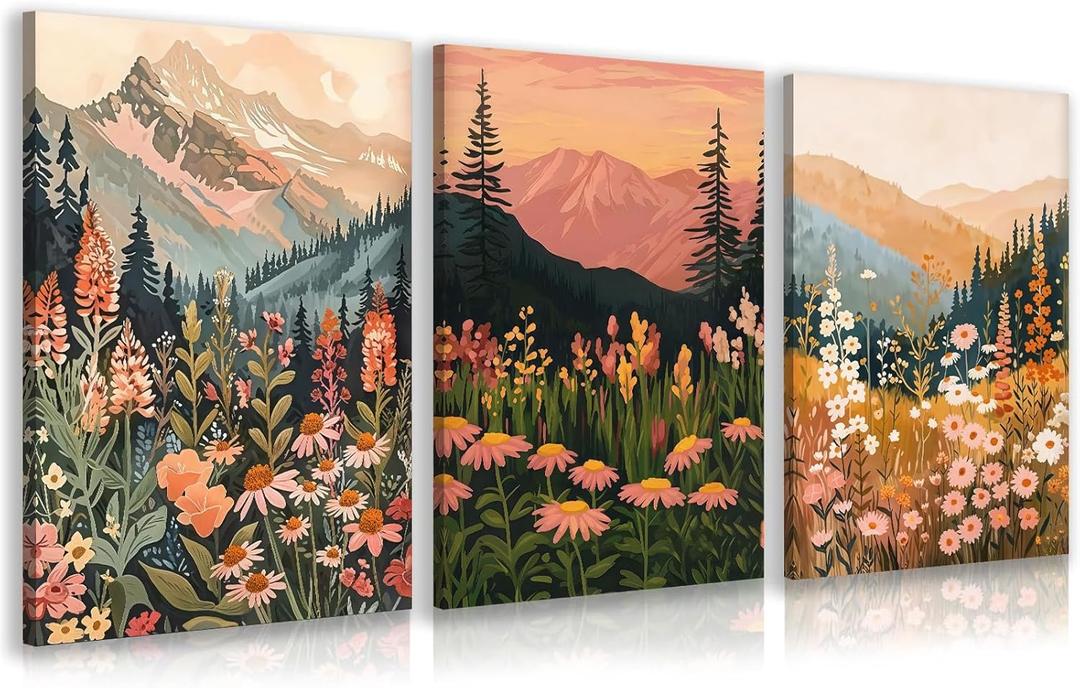 KBKBART Boho Colorful Landscape wall art Set of 3, Wildflower Mountain Wall Decor Vintage Floral Forest Paintings Rustic Nature Pictures Canvas Prints for Living Room Bedroom Dining Room 12x16 Inch