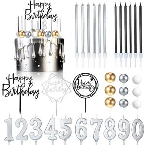 Yerliker 34 Pcs Happy Birthday Cake Toppers Decorations Birthday Candles DIY Cake Decor for Men Women Wedding Anniversary(Gold Silver White)