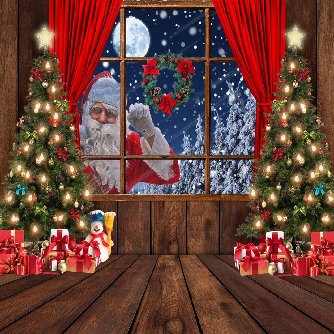 LYCGS 8X8FT Christmas Backdrop Santa Claus Photo Background Winter Snow Xmas Wooden Window Moon Christmas Tree Gifts, Photography Background, New Year Party Decorations Banner X-68