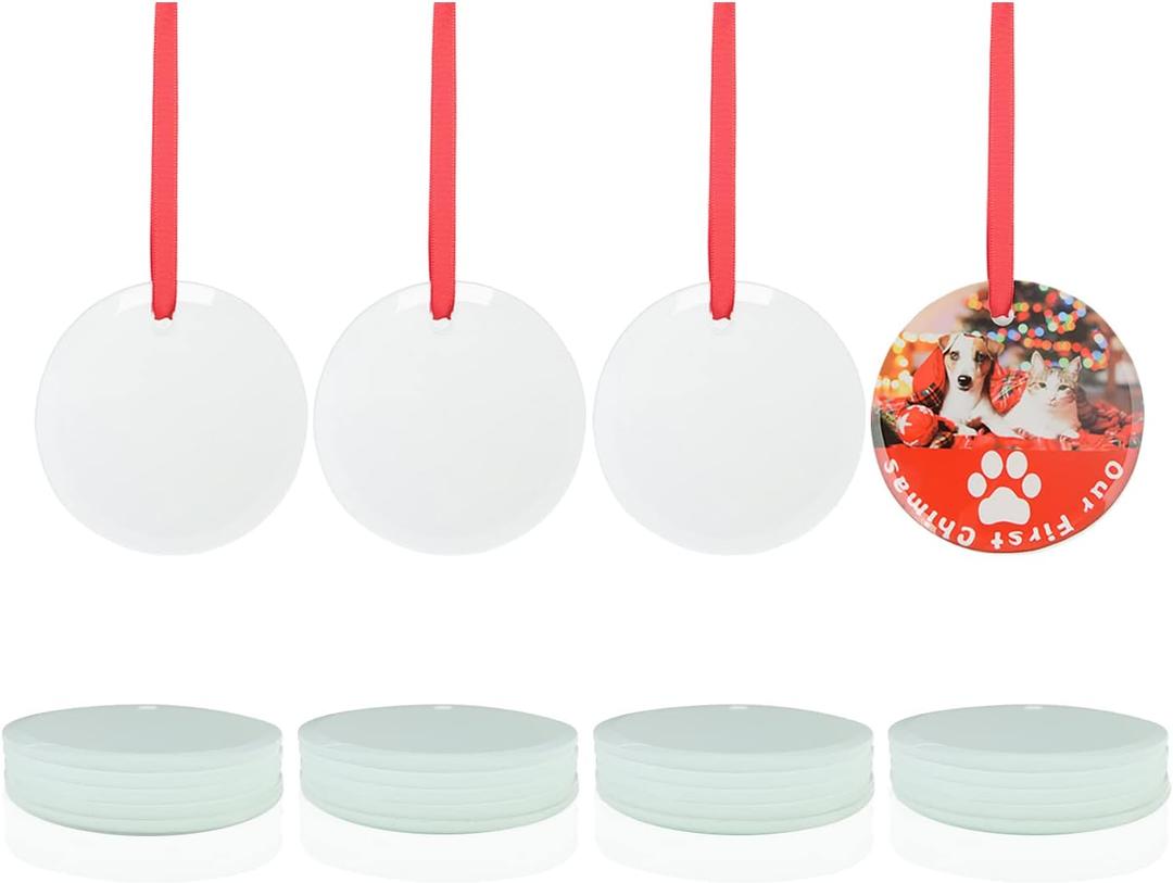 PYD Life 24 PCS Sublimation Ornament Blanks Glass 3 Inch Round Ornament with Red Ribbon for DIY Crafting Personalized Home Christmas Decor Bulk