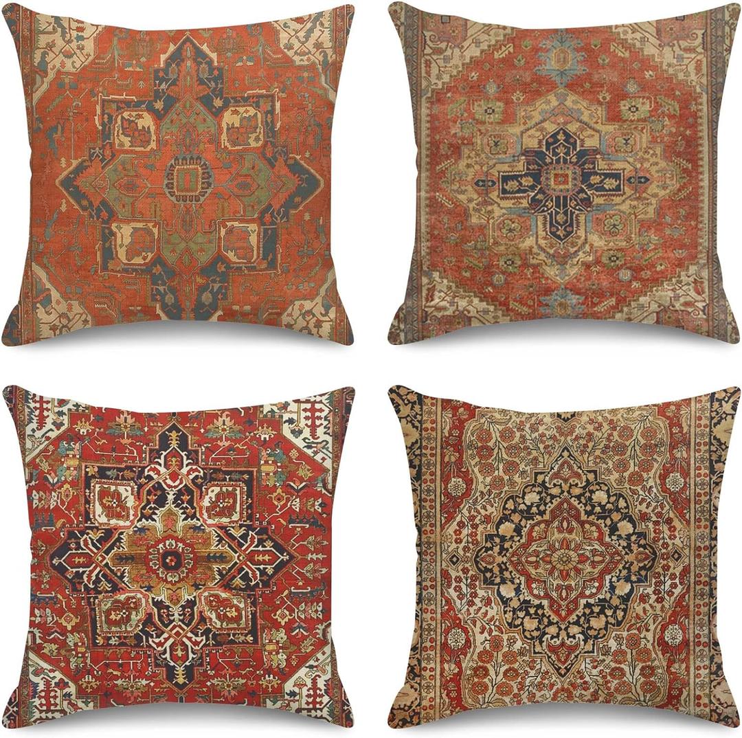 Sanwarm Throw Pillow Covers Home Decor Set of 4 Pillow Cases Decorative 18 x 18 Inches Cushion Couch Sofa Pillowcases Turkey Kilim Ancient Antique