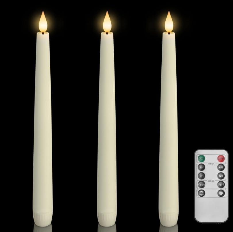 Homemory 3 Pcs Waxy Flameless Taper Candles with Remote, Flickering Battery Operated Classic Tall Candles for Home, Wedding, Party, Ivory, 9.6 inches