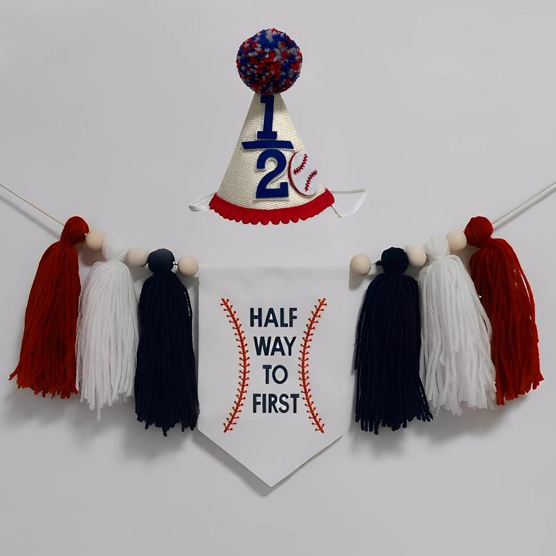 Half Way to First Birthday Baseball High Chair Tassel Banner with 1/2 Cone Hat 6 Months Little Slugger Half Birthday Outfit for Baby Boy (Red Royal Blue Baseball 1/2)