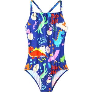 Girls Bathing Suits UPF 50+ Swimsuits Quick-Dry Cross-Strap for Toddlers & Kids 3-12T Sleeveless Sun Protection (5-6 Years, Blue Dinosaur)
