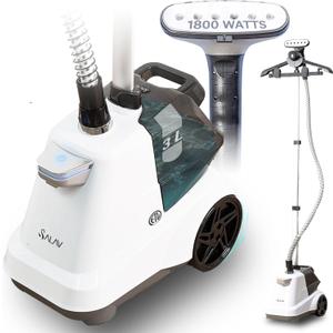SALAV Heavy Duty Commercial Full-Size Garment Steamer with Foot Pedals and Extra Large 3L (101.5 oz) Water Tank, 1800 watts, 90+min of Continuous Steam (White) (14.5 in x 11.42 in x 70.5 in)