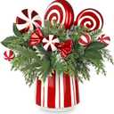 Christmas Table Centerpieces Decorations 12.9" Artificial Small Christmas Tree Potted Plant with Red and White Lollipop Candy Canes Pine Cones for Indoor Home Xmas Party Arrangement Centerpieces Decor (Style 5)
