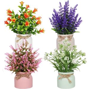 Yoratee 4pcs Artificial Pot Flowers Small Fake Plants with Pot Mini Potted Plants for House Office Tabletop Decoration