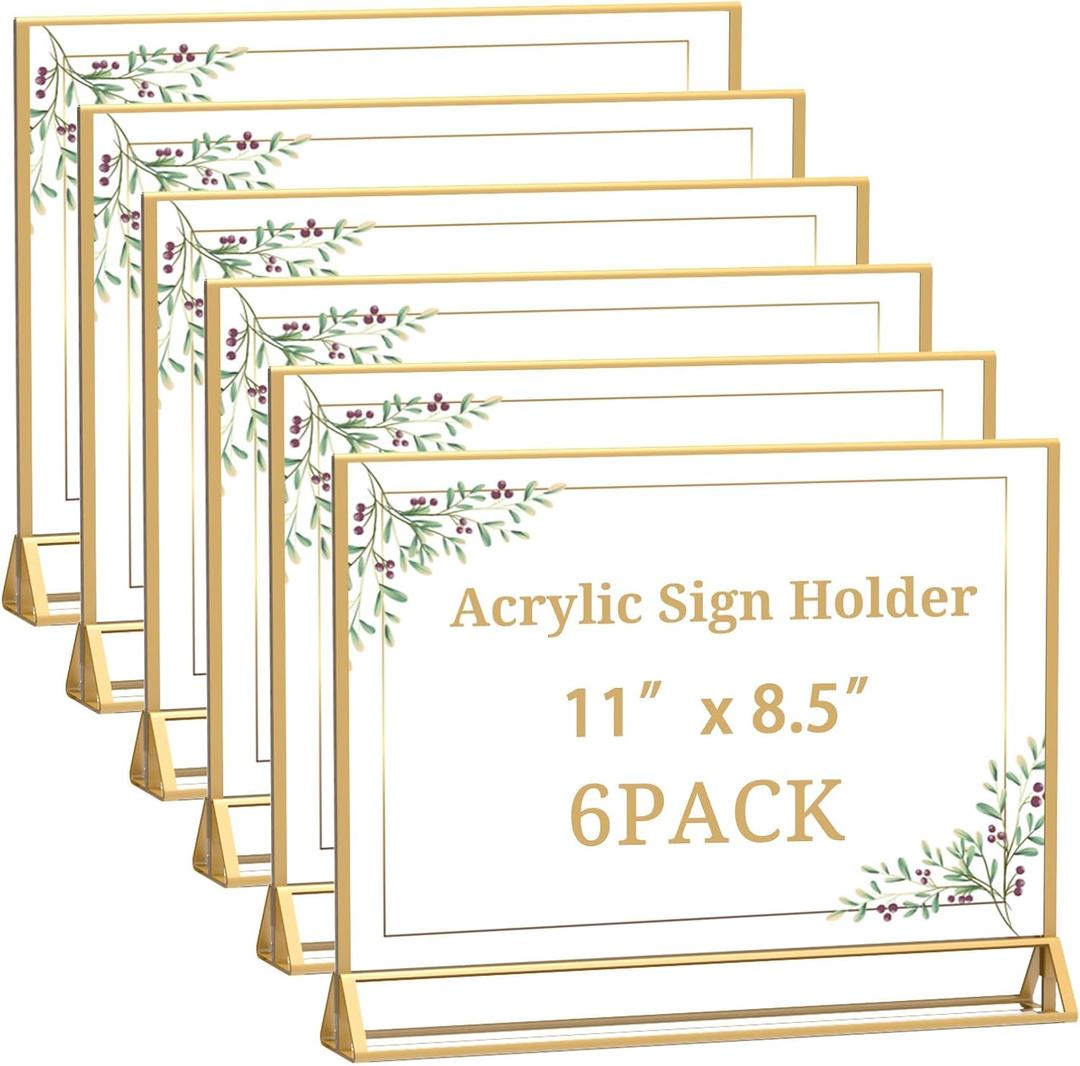 Clear Acrylic Sign Holder 11x 8.5 Horizontal Double Sided Gold Frame Flyer Holder for Wedding Table Number Menu Holder (6pcs) Clear Acrylic Sign Holder 11x 8.5 Horizontal Double Sided Gold Frame Flyer Holder for Wedding Table Number Menu Holder (6pcs)