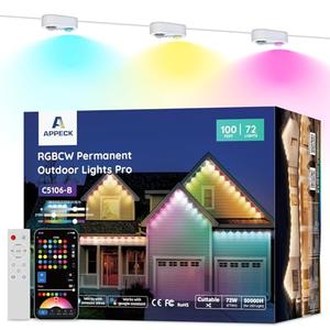 APPECK Permanent Outdoor Lights Pro 100ft, 72W RGBCW Eaves Lights with 72 LED Lights, 80lm, Cuttable, 111 Scene Modes, IP67 Waterproof Lighting for Christmas Decoration, Compatible with Alexa, White