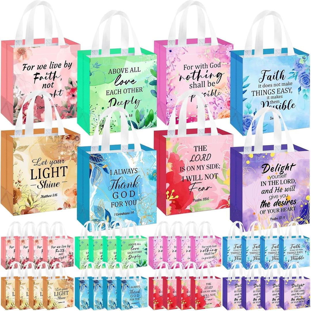 HunnmingRe 32 Pcs Christian Gift Bags with Handles Bible Verse Gift Bags Bulk Non Woven Reusable Flower Religious Baptism Totes for Women Wedding Birthday First Communion Present Wrapping