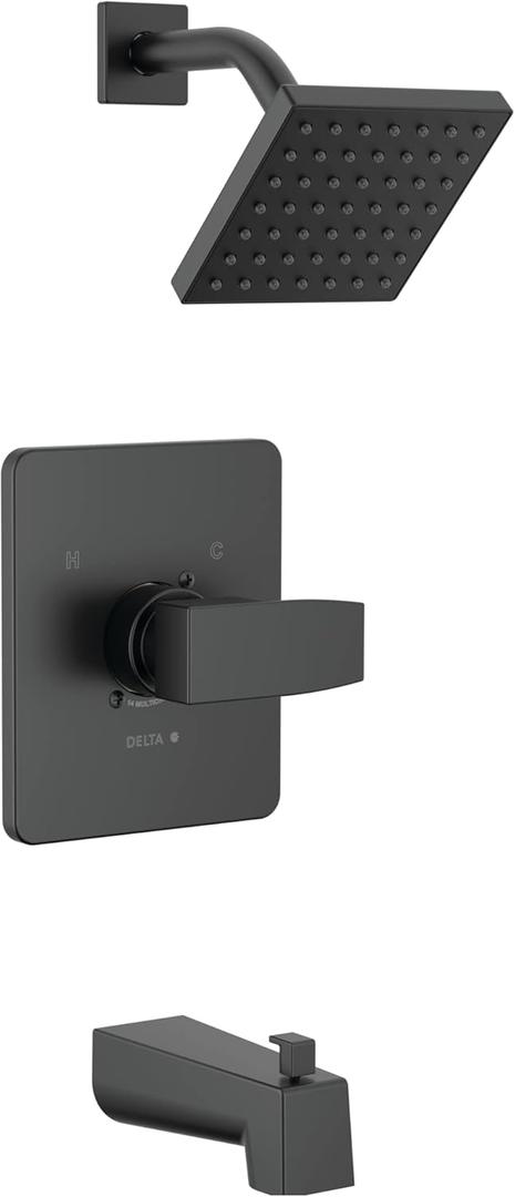 Delta Modern 14 Series Square Bathtub and Shower Faucet Set, Matte Black Shower Head and Handle Set, Valve Trim Kit, Matte Black T14467-BL-PP (Valve Not Included)