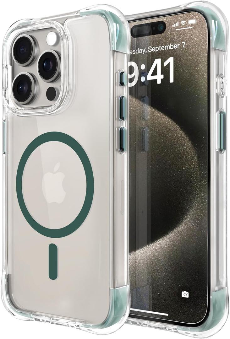 OTOFLY Compatible with iPhone 15 Pro Case, Compatible with Magsafe, Magnetic Shockproof Bumper Cover, Non-Yellowing, Anti-Scratch Clear Back, Pine Green