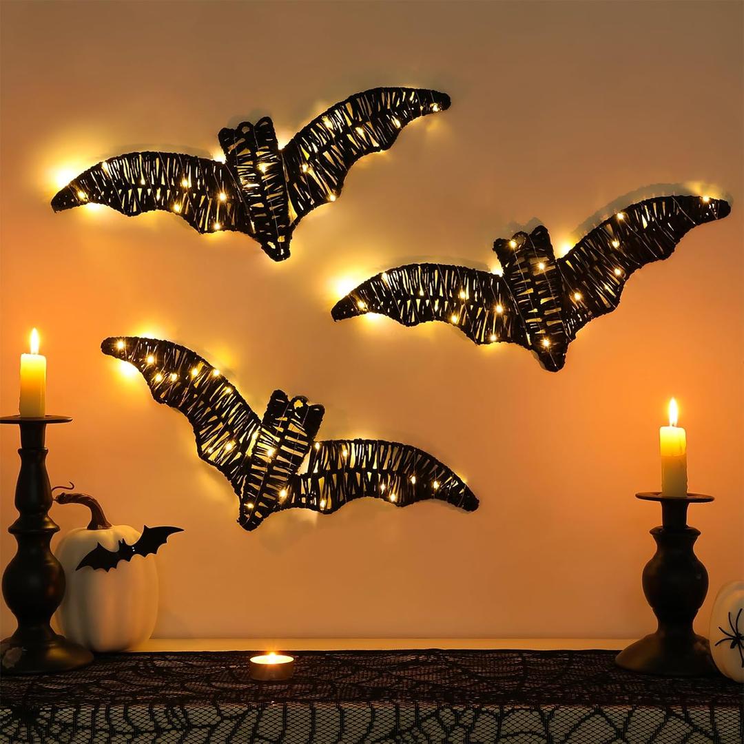 Halloween Decorations Indoor Wall Decor: Classic Black Rattan Bats with LED Lights, Rustic Farmhouse Lighted Spooky Bats Wall Porch Signs for Kids Home School Office Haunted House Halloween Dcor
