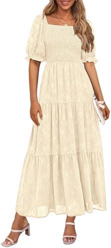 PRETTYGARDEN Women's 2025 Summer Casual Midi Dresses Square Neck Short Sleeve Smocked A Line Floral Flowy Elegant Boho Dress (Beige, X-Large)